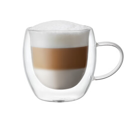latte macchiato in glass cup with double walls isolated on white background