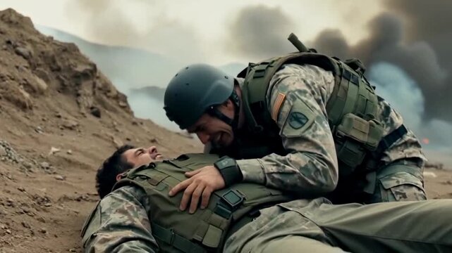 Soldier tending to an injured comrade in a war zone