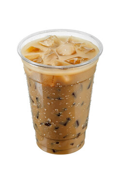 Iced coffee with milk in fogged disposable plastic cup isolated on white background
