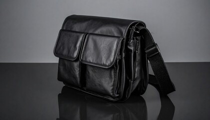 Naklejka premium Compact Black Leather Sling Bag with Multiple Pockets for Daily Use, Travel, and Casu