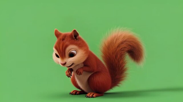 Cute animated squirrel with fluffy tail on green background