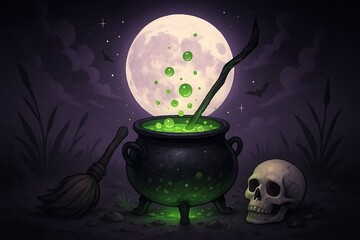 Cauldron bubbling under a full moon with a skull and broom on a spooky night