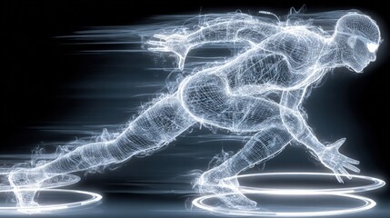 Abstract digital illustration of a person in motion, depicted as a translucent wireframe figure,  with streaks of light suggesting speed