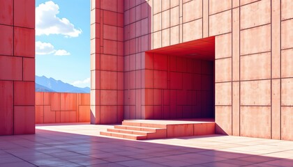 an abstract, modern architectural structure with red pink hues in what appears to be a sunlit outdoor setting
