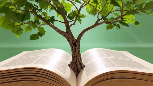 Tree of knowledge growing from an open book
