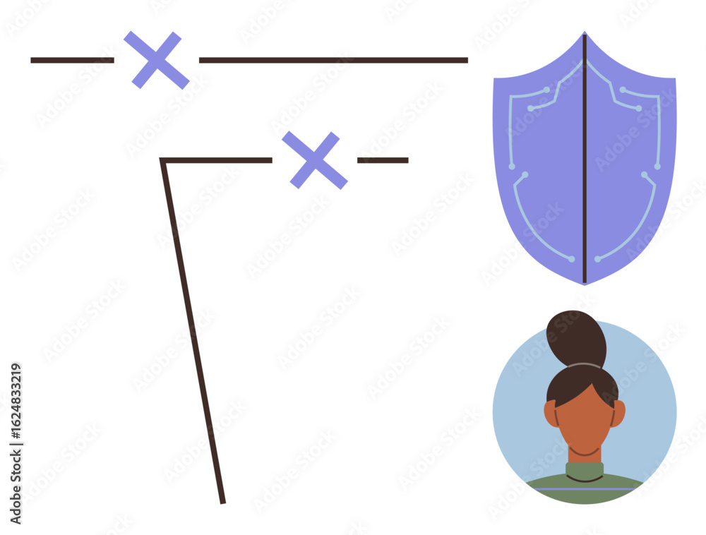 Poster shield representing protection, female user avatar, and network paths with cross-marks showcasing se