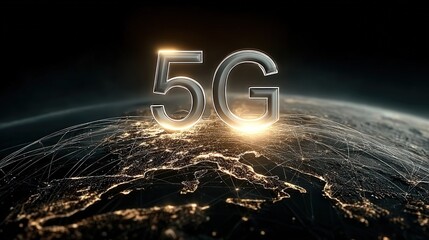 Global 5G network concept; Earth with illuminated 5G logo, connected by a network of lines