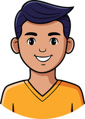 A smiling cartoon portrait of a young man with dark blue hair and orange shirt.