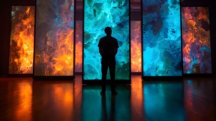 Fototapeta premium Person Centered Before a Series of Vertical Screens Displaying Luminous Abstract Art in Blue and Orange Hues