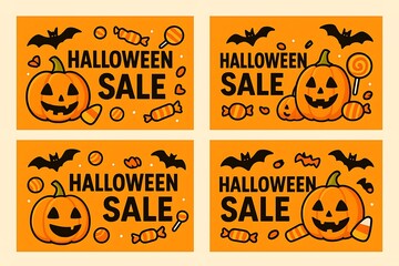 Halloween sale event featuring festive designs with pumpkins and candies in vibrant colors