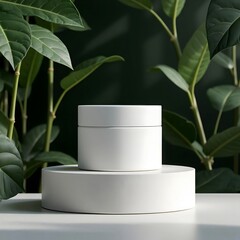 White cosmetic blank Bottle Mockup:  Luxury Skincare, Botanical Setting, Natural Light, white beauty container blank mockup, cream jar