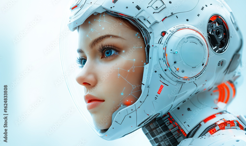 Poster futuristic female cyborg with advanced white robotic helmet and blue digital interface elements in p