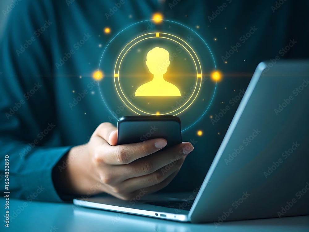 Poster person using smartphone with glowing digital profile icon and laptop in background mobile phone tech