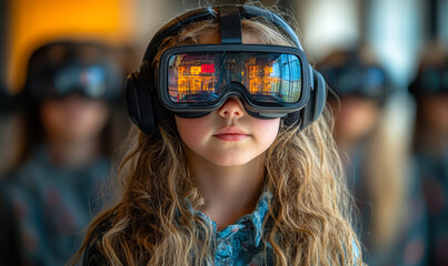 Child wearing virtual reality headset with digital reflections in lenses during immersive technology learning experience in classroom