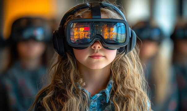 Child wearing virtual reality headset with digital reflections in lenses during immersive technology learning experience in classroom