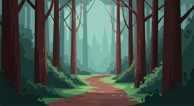 Path winds through misty forest; background shows distant woods, use for nature blogs