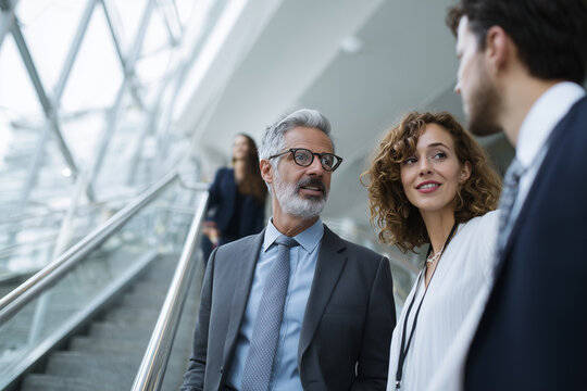 Diverse business professionals engaging in a lively conversation while riding an escalator in a modern office building - Powered by Adobe