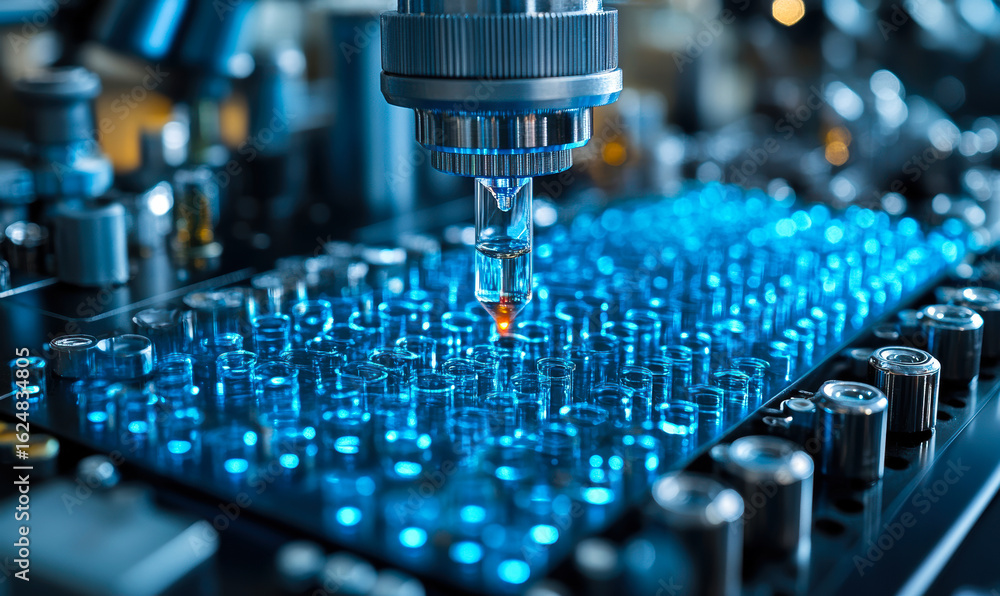 Poster close-up of automated laboratory pipetting system filling test tubes in biotechnology research with 