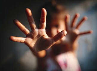 Close-up of a child's hand reaching out, showing fear and helplessness during a physical conflict with an adult in their home. The focus is on the child's hands in close-up, with a blurred background 