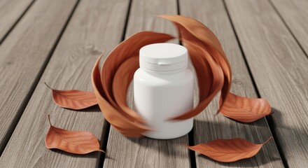 White Pill Bottle Surrounded by Orange Leaves on Wooden Surface in Autumn Atmosphere