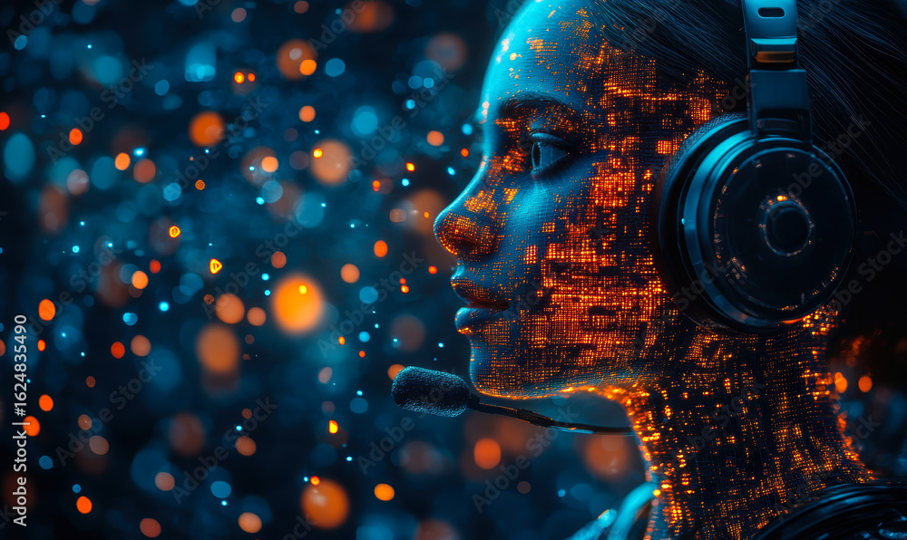 Poster futuristic ai digital assistant wearing headset with glowing data matrix face and voice communicatio