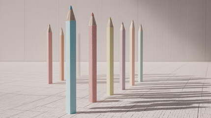 3D conceptual render of colorful pencils standing vertically on a tiled surface, resembling a bar chart, symbolizing creativity and data visualization.