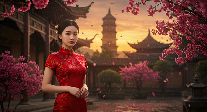 Elegant woman in traditional cheongsam dress amidst a serene oriental garden view - Powered by Adobe