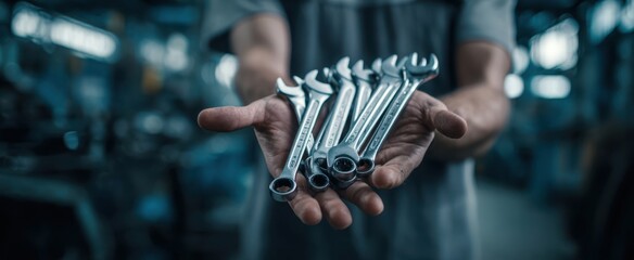 The skilled mechanic holding a selection of metal wrenches in a workshop environment.