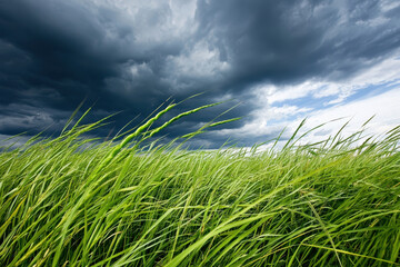 Obraz premium Lush green grass sways gently under dramatic sky filled with dark clouds, creating striking contrast in nature beauty