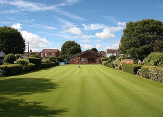 Fototapeta premium Lush green lawn of an English bowling club with a brown wooden pavilion and houses in the background. The ground is perfectly level, with no hills or undulations. It's a sunny day, 