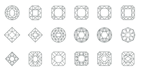 various diamond cut shapes including oval square and round in a geometric design