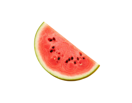 Fresh quarter slice of ripe watermelon with juicy red flesh black seeds and a green rind.