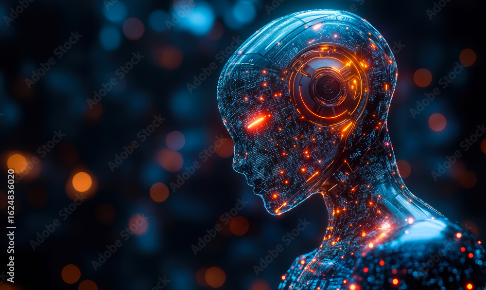 Poster futuristic ai robot head profile with glowing circuit patterns and orange blue lighting on dark back