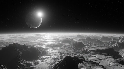 A grayscale view of a distant planet with a crescent moon and sun.  Mountains and clouds are visible on the surface