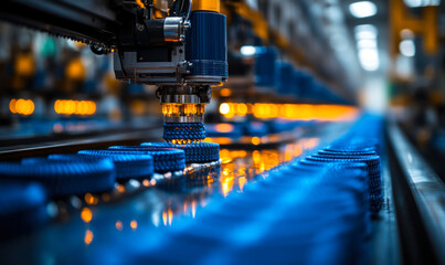 Close up of automated robotic machinery performing precision manufacturing on blue textured components in advanced industrial production line with bokeh background lighting
