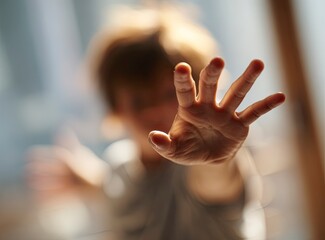 Close-up of a child's hand reaching out, showing fear and helplessness during a physical conflict with an adult in their home. The focus is on the child's hands in close-up, with a blurred background 
