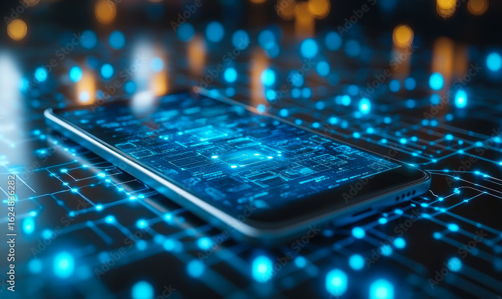 Poster smartphone with glowing blue circuit board background symbolizing digital connectivity and advanced 