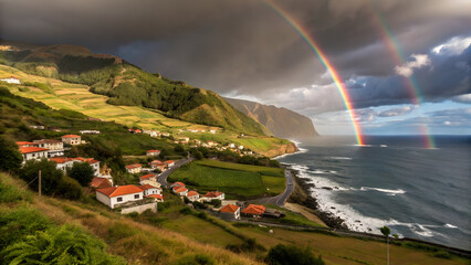 A colorful rainbow arcs over a peaceful mountain village, its vibrant hues reflected in the river below