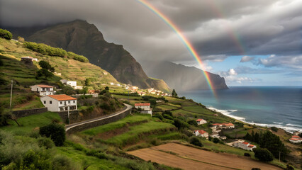 A colorful rainbow arcs over a peaceful mountain village, its vibrant hues reflected in the river below