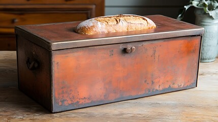 A charming vintage bread box with freshly baked bread peeking out, sitting on a cozy kitchen counter.

