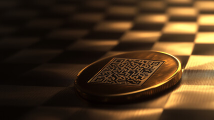 Hyperrealistic macro render of a golden coin engraved with a QR code, lying on a checkered surface and symbolizing crypto, innovation, and value.