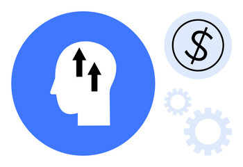 Blue circle with head and upward arrows representing growth, dollar sign for finances, and gears for productivity. Ideal for innovation, strategy, finance, productivity, business, development simple