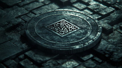 Hyperrealistic macro render of a metallic coin with a QR code engraved, symbolizing cryptocurrency, blockchain, and digital finance.
