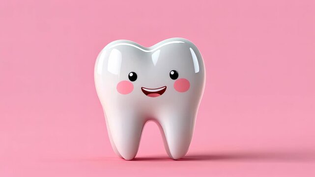 Cute Cartoon Tooth Character Smiling on Pink Background