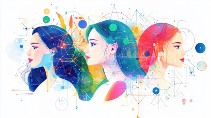 Three women with colorful hair and abstract geometric patterns create vibrant, futuristic atmosphere. digital art blends technology and creativity, symbolizing innovation and diversity