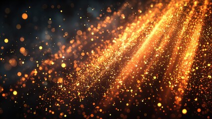 Sparkling golden particles illuminate the dark background, creating a stunning atmosphere of warmth and light