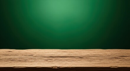 Empty Wooden Table Surface with Green Gradient Background for Product Display or Background Use
