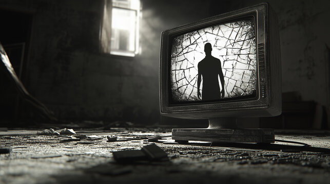 Broken CRT monitor on floor in abandoned room, displaying silhouette trapped behind cracked screen, evoking themes of isolation and media distortion.