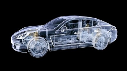 Naklejka premium X-ray style transparent car model,soft lighting highlighting side profile,wide-angle shots from multiple angles on black background, precise contours of internal components,automotive visualization