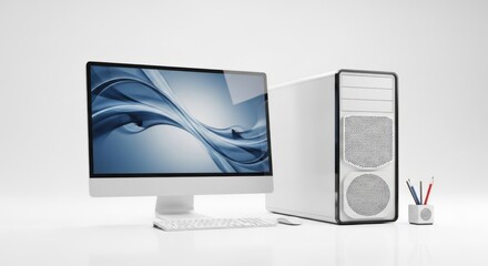 Modern Desktop Computer Setup with Slim Monitor and Large Tower in Minimal Office Environment